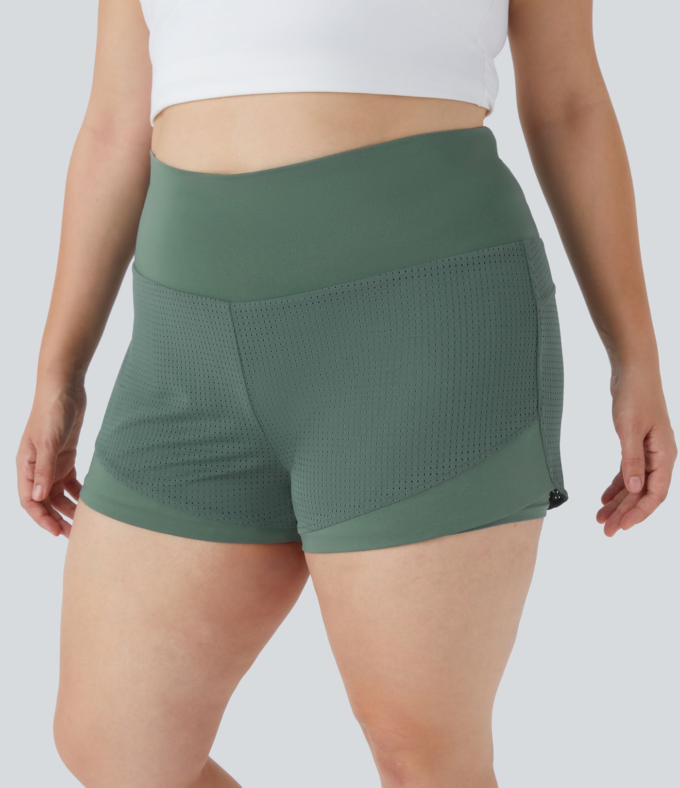 Pantalones cortos de yoga 2 en 1 con cintura alta y bolsillo trasero en la cintura de talla grande