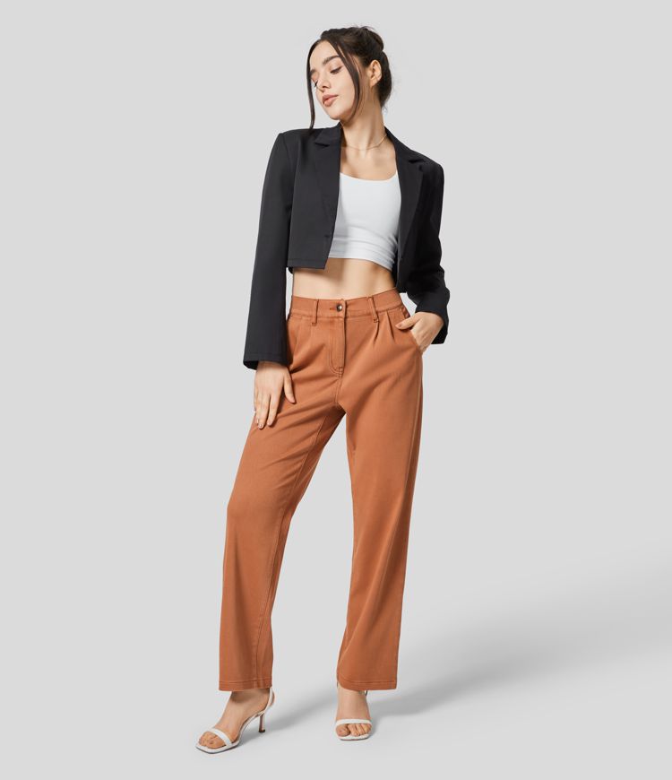 Halara Flex™ Mid Rise Button Zipper Side Pocket Straight Leg Colorful Stretchy Knit Casual  Jeans