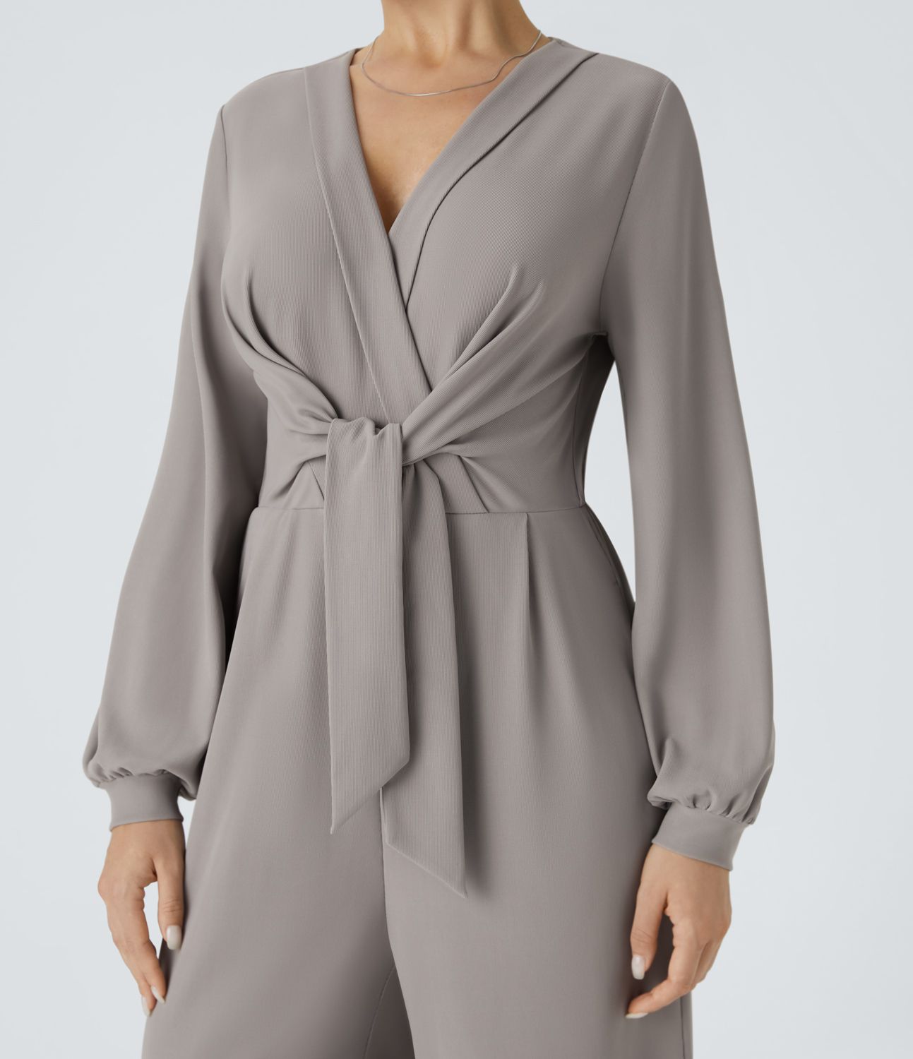 V-Ausschnitt Snap Bindung Tasche Weites Bein Mikro Waffel Arbeits-Jumpsuit