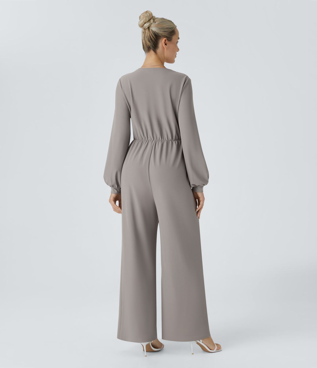 V-Ausschnitt Snap Bindung Tasche Weites Bein Mikro Waffel Arbeits-Jumpsuit