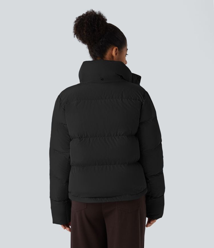 Removable Hood Button Long Sleeve Invisible Pocket Adjustable Drawcord Relaxed Casual Puffer Down Jacket