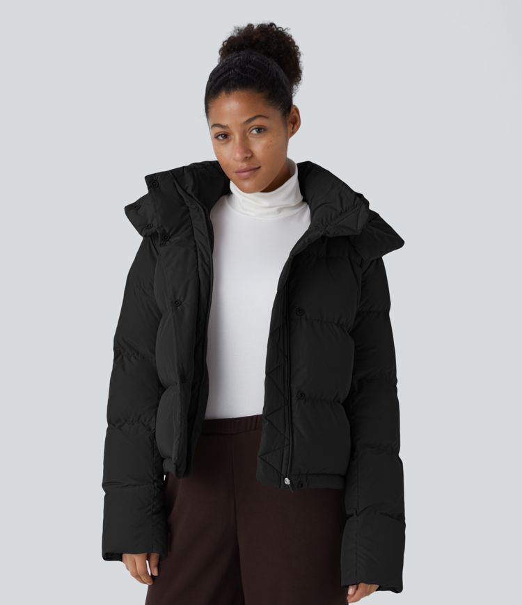 Removable Hood Long Sleeve Invisible Pocket Relaxed Casual Puffer Down Jacket