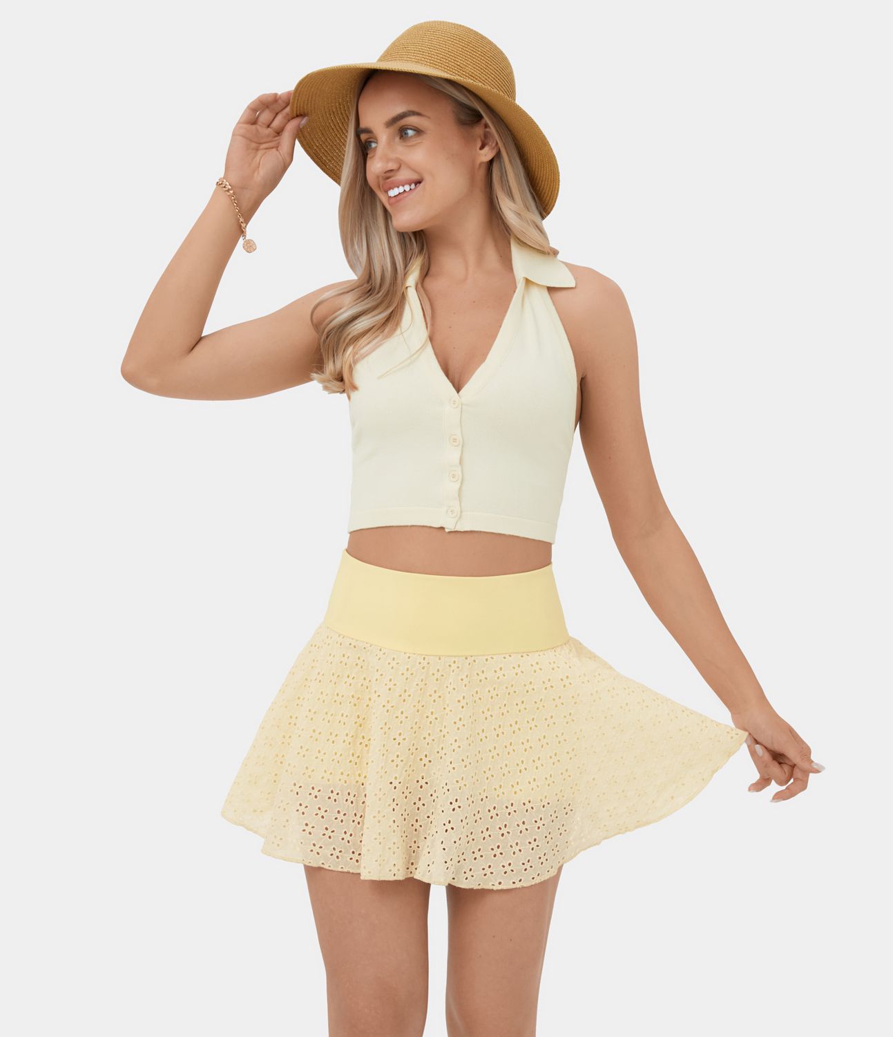 Hoch taillierter 2-in-1-Seitentaschen-Cut-Out-Jacquard-Mini-Flare-Freizeitrock