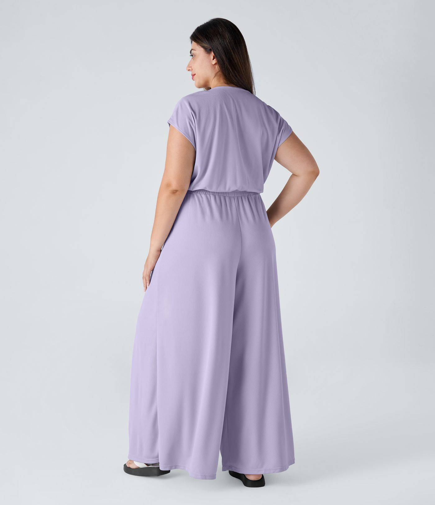 V Neck Short Sleeve Side Pocket Wide Leg Flowy Waffle Casual Plus Size Jumpsuit