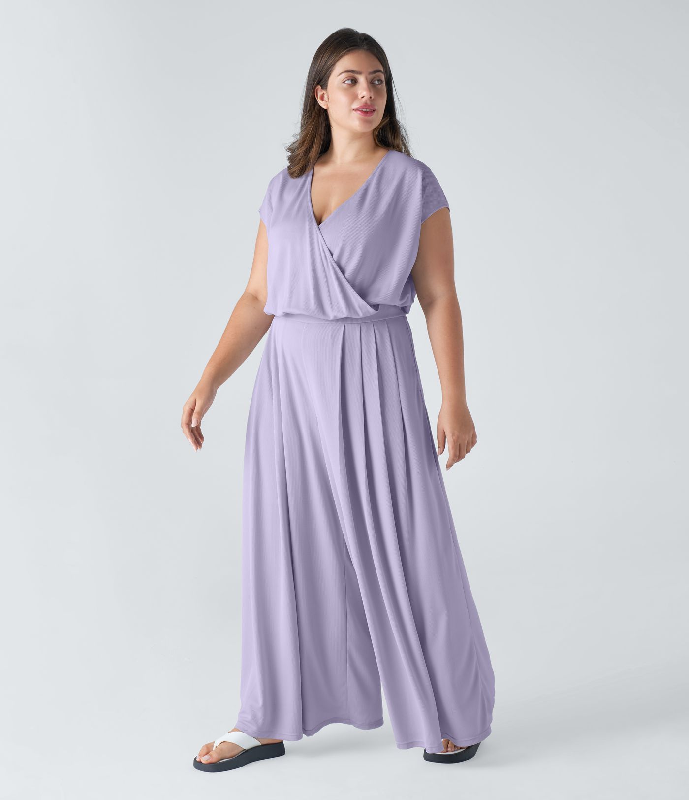 V Neck Short Sleeve Side Pocket Wide Leg Flowy Waffle Casual Plus Size Jumpsuit