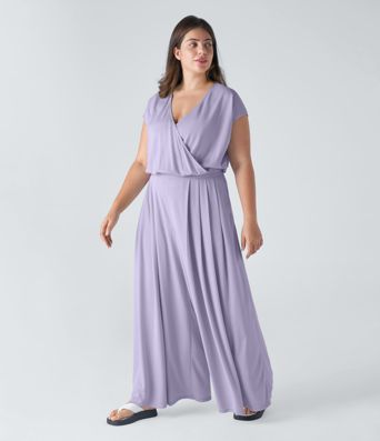 V Neck Short Sleeve Side Pocket Wide Leg Flowy Waffle Casual Plus Size Jumpsuit