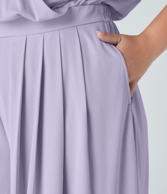 V Neck Short Sleeve Side Pocket Wide Leg Flowy Waffle Casual Plus Size Jumpsuit