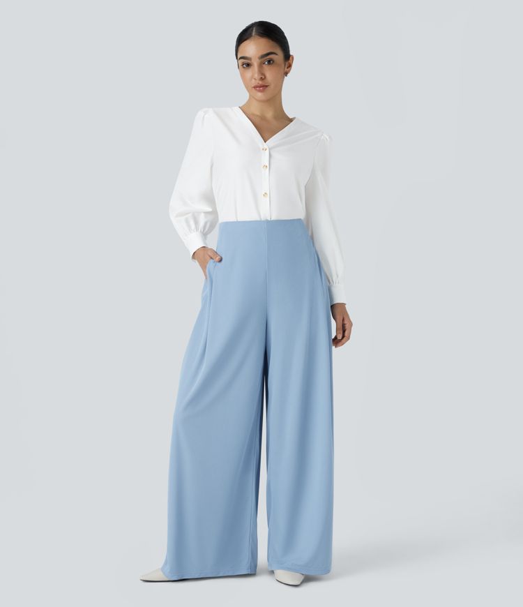 Long-sleeved work blouse with a V-neck and buttons