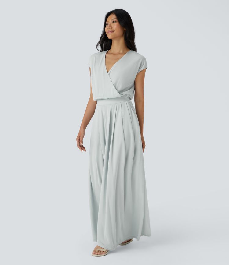 V Neck Short Sleeve Side Pocket Wide Leg Flowy Waffle Casual Jumpsuit