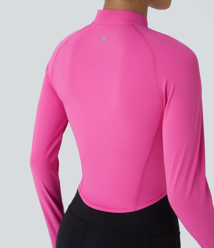 SoftlyZero™ QuickDry Half Zipper Stand Collar Long Sleeve Thumb Hole Curved Hem Top-stitching Slim Workout Sports Top