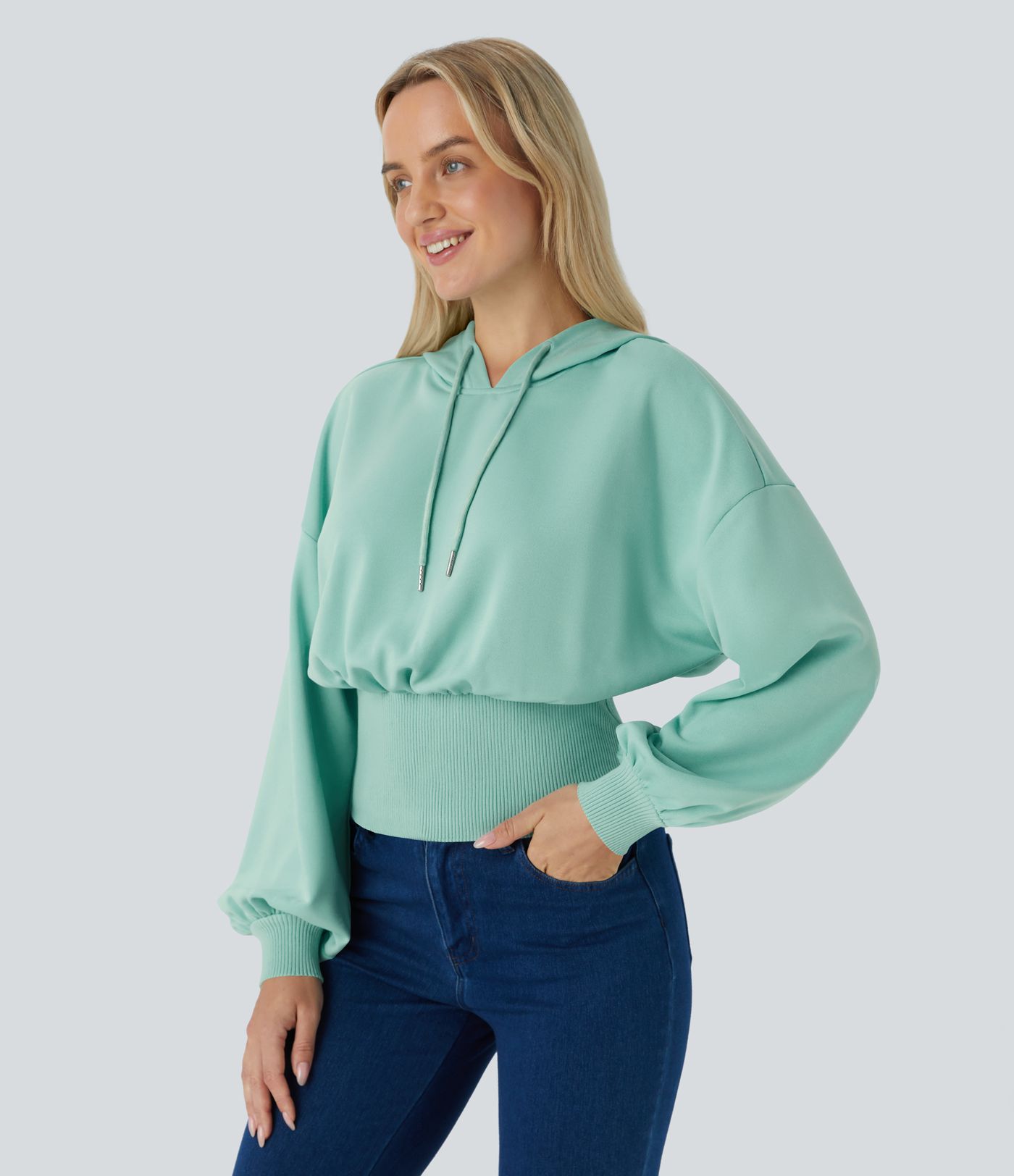 Hooded Drawstring Bishop Sleeve Contrast Rib Relax Casual Sweatshirt