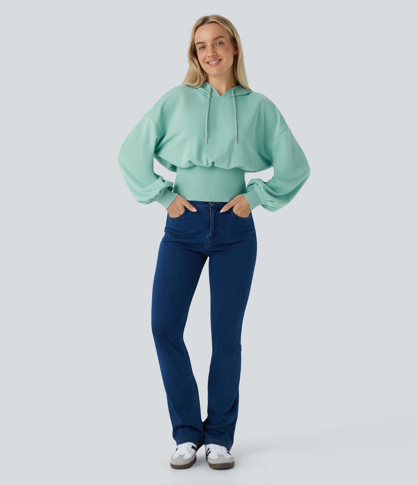 Hooded Drawstring Bishop Sleeve Contrast Rib Relax Casual Sweatshirt