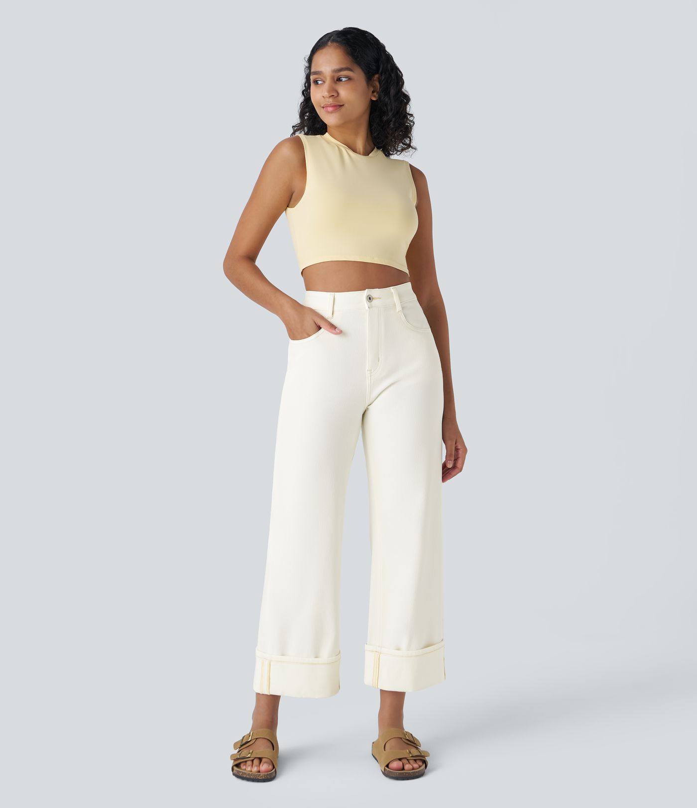 Halara Flex™ Jean Larges Taille Haute Ourlet Roulotté Multiples Poches