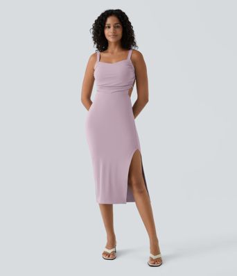 Ruched Lace Up Bodycon Midi Casual Dress