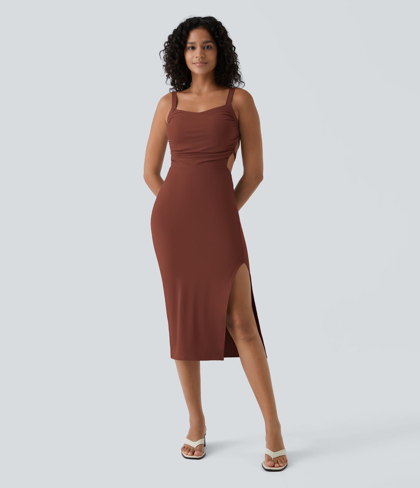 Ruched Lace Up Bodycon Midi Casual Dress