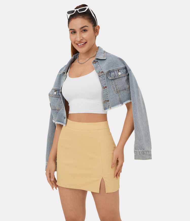 Mini Jupe Casual Super Taille Haute avec Ourlet Fendu