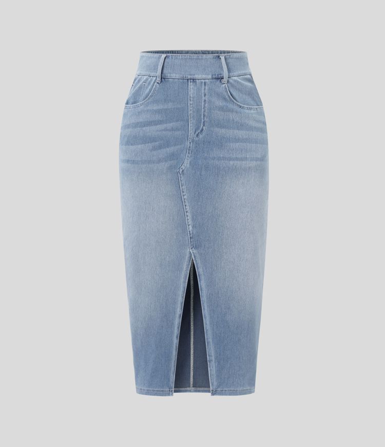 Halara Flex™ Midi-Jeansrock mit hohem Bund, mehreren Taschen und legerem Schnitt, figurbetonter, verwaschener Rock