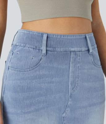 Halara Flex™ Midi-Jeansrock mit hohem Bund, mehreren Taschen und legerem Schnitt, figurbetonter, verwaschener Rock