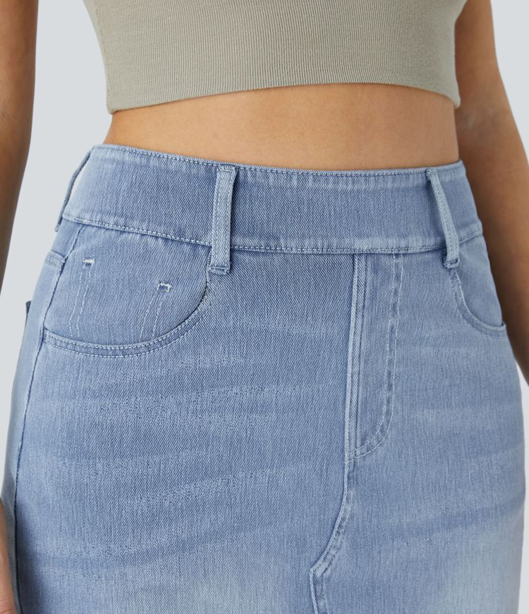 Halara Flex™ Midi-Jeansrock mit hohem Bund, mehreren Taschen und legerem Schnitt, figurbetonter, verwaschener Rock