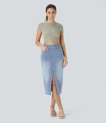 Halara Flex™ Midi-Jeansrock mit hohem Bund, mehreren Taschen und legerem Schnitt, figurbetonter, verwaschener Rock