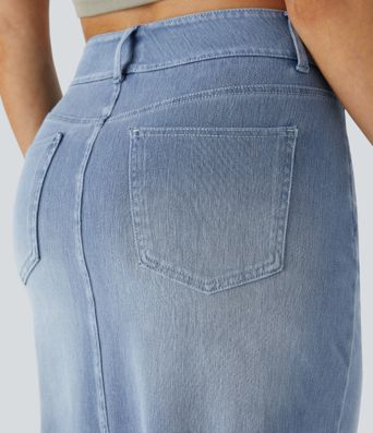 Halara Flex™ Midi-Jeansrock mit hohem Bund, mehreren Taschen und legerem Schnitt, figurbetonter, verwaschener Rock