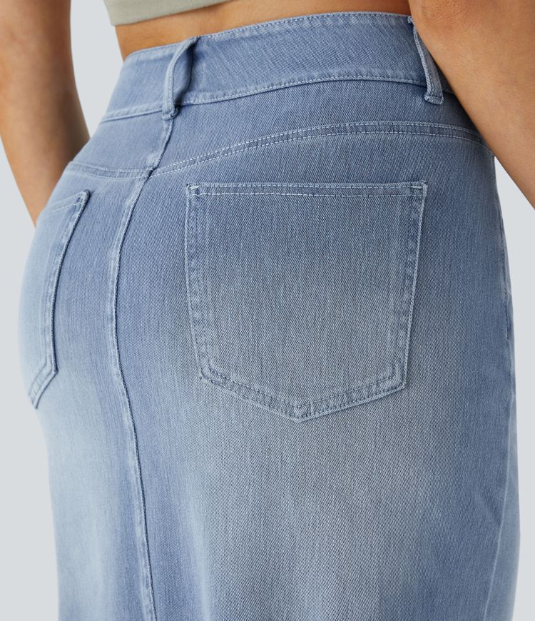 Halara Flex™ Midi-Jeansrock mit hohem Bund, mehreren Taschen und legerem Schnitt, figurbetonter, verwaschener Rock