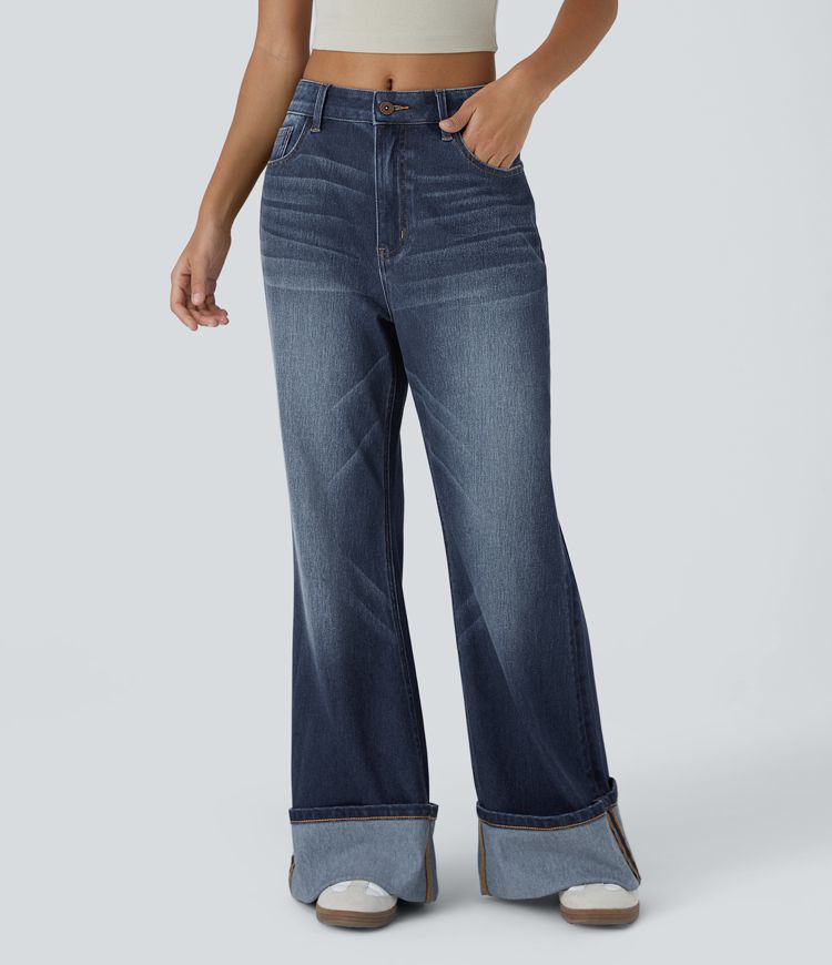 Halara Flex™ Mid-Waist Button Zipper Multiple Pocket Washed Stretch Knit Wide Casual Jeans