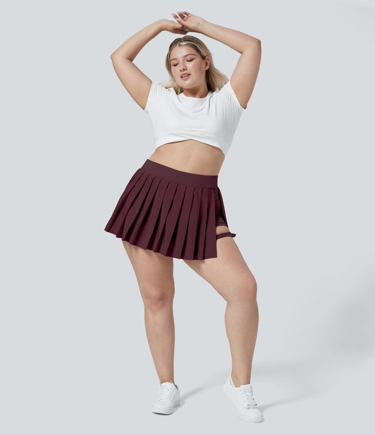 Breezeful™ High Waisted Pleated 2-in-1 Side Pocket Adjustable Buckle Quick Dry Micro Mini Casual Plus Size Skirt