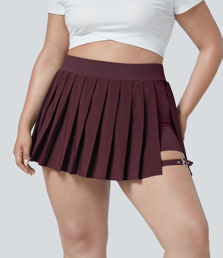 Breezeful™ High Waisted Pleated 2-in-1 Side Pocket Adjustable Buckle Quick Dry Micro Mini Casual Plus Size Skirt
