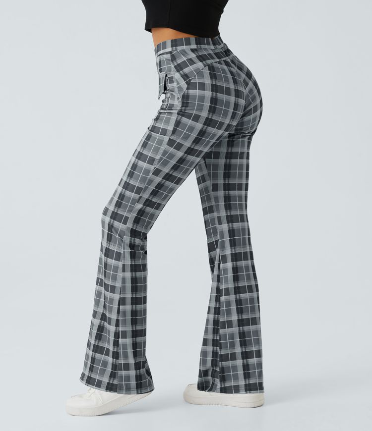 High Waist Pocket Check Pattern Flare Casual Pants