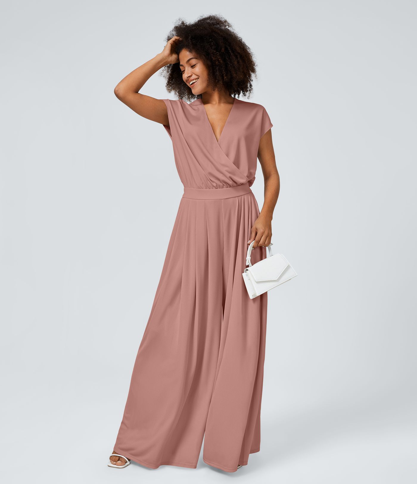 Combinaison Casual Col en V Jambes Large Plissée Manches Courtes Poche Latérale Gaufrée Fluide