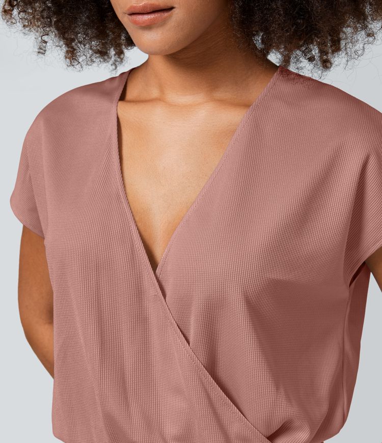 Combinaison Casual Col en V Jambes Large Plissée Manches Courtes Poche Latérale Gaufrée Fluide