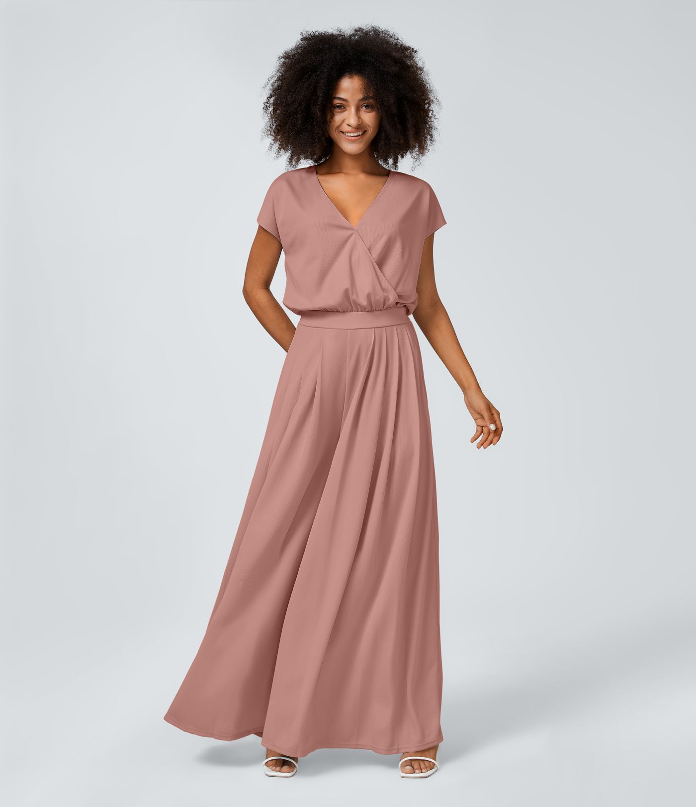 Combinaison Casual Col en V Jambes Large Plissée Manches Courtes Poche Latérale Gaufrée Fluide