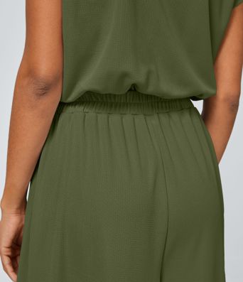 V Neck Short Sleeve Side Pocket Wide Leg Flowy Waffle Casual Jumpsuit