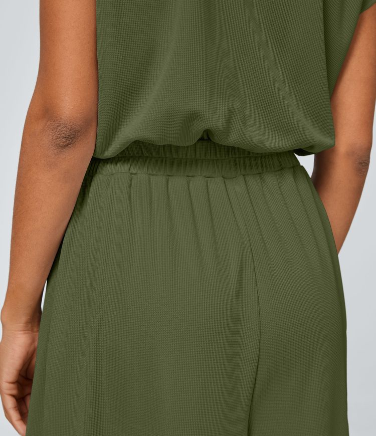 V Neck Short Sleeve Side Pocket Wide Leg Flowy Waffle Casual Jumpsuit