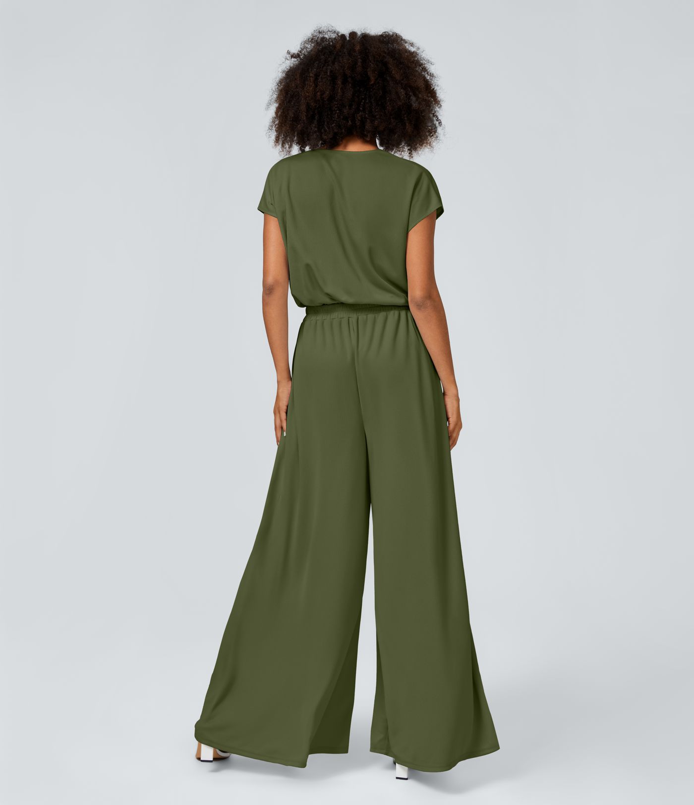 V Neck Short Sleeve Side Pocket Wide Leg Flowy Waffle Casual Jumpsuit