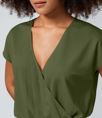 V Neck Short Sleeve Side Pocket Wide Leg Flowy Waffle Casual Jumpsuit