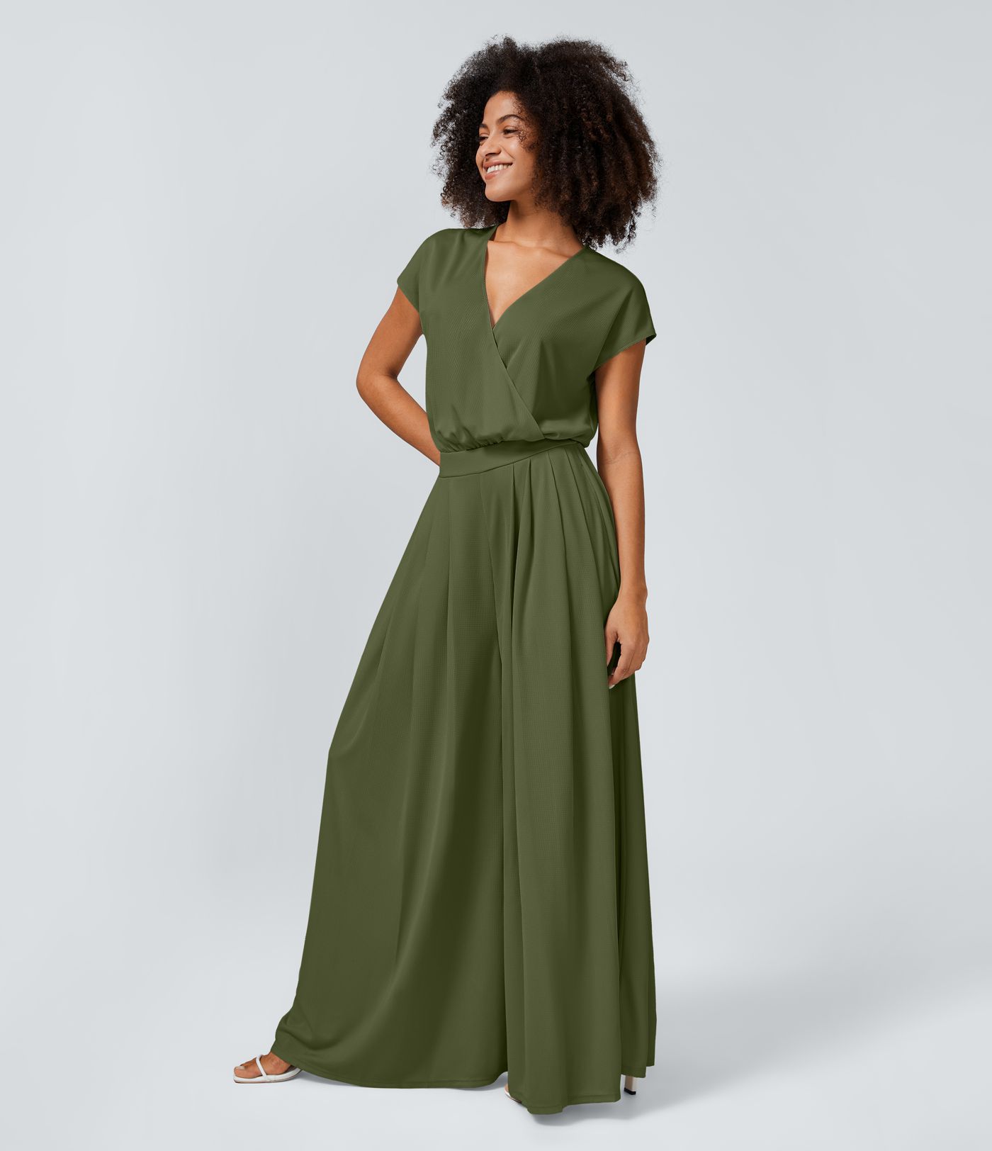 V Neck Short Sleeve Side Pocket Wide Leg Flowy Waffle Casual Jumpsuit