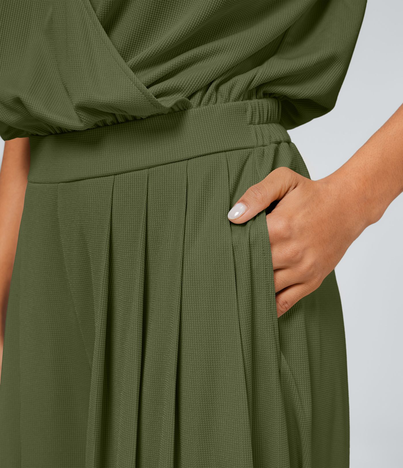 V Neck Short Sleeve Side Pocket Wide Leg Flowy Waffle Casual Jumpsuit