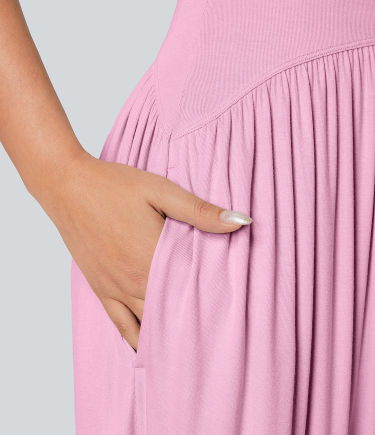 Ribbed Tube Top  Sleeveless Women Casual Jumpsuit with Pocket