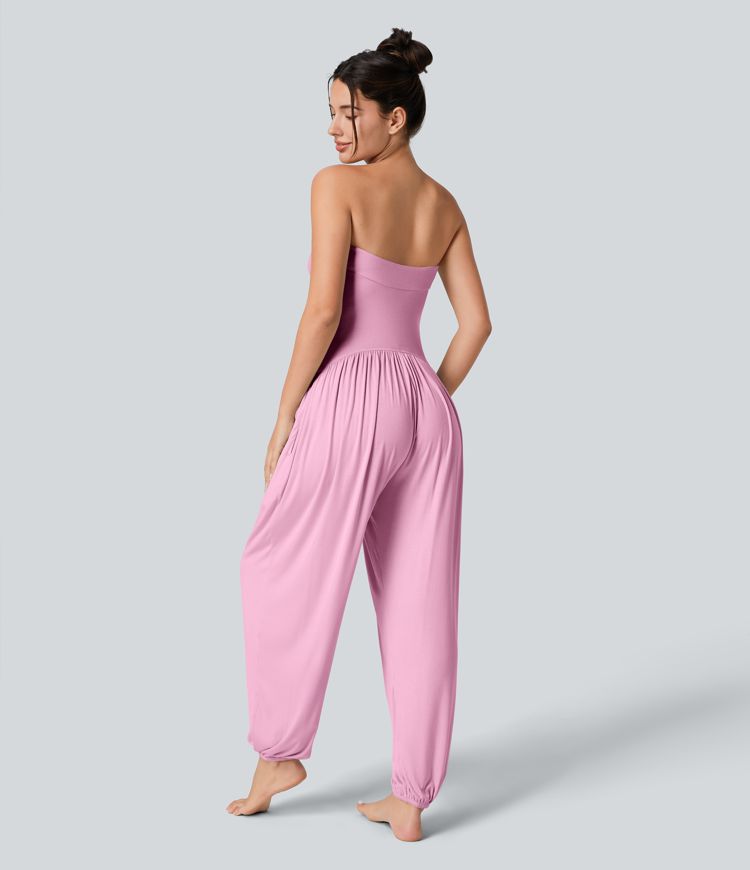 Ribbed Tube Top  Sleeveless Women Casual Jumpsuit with Pocket