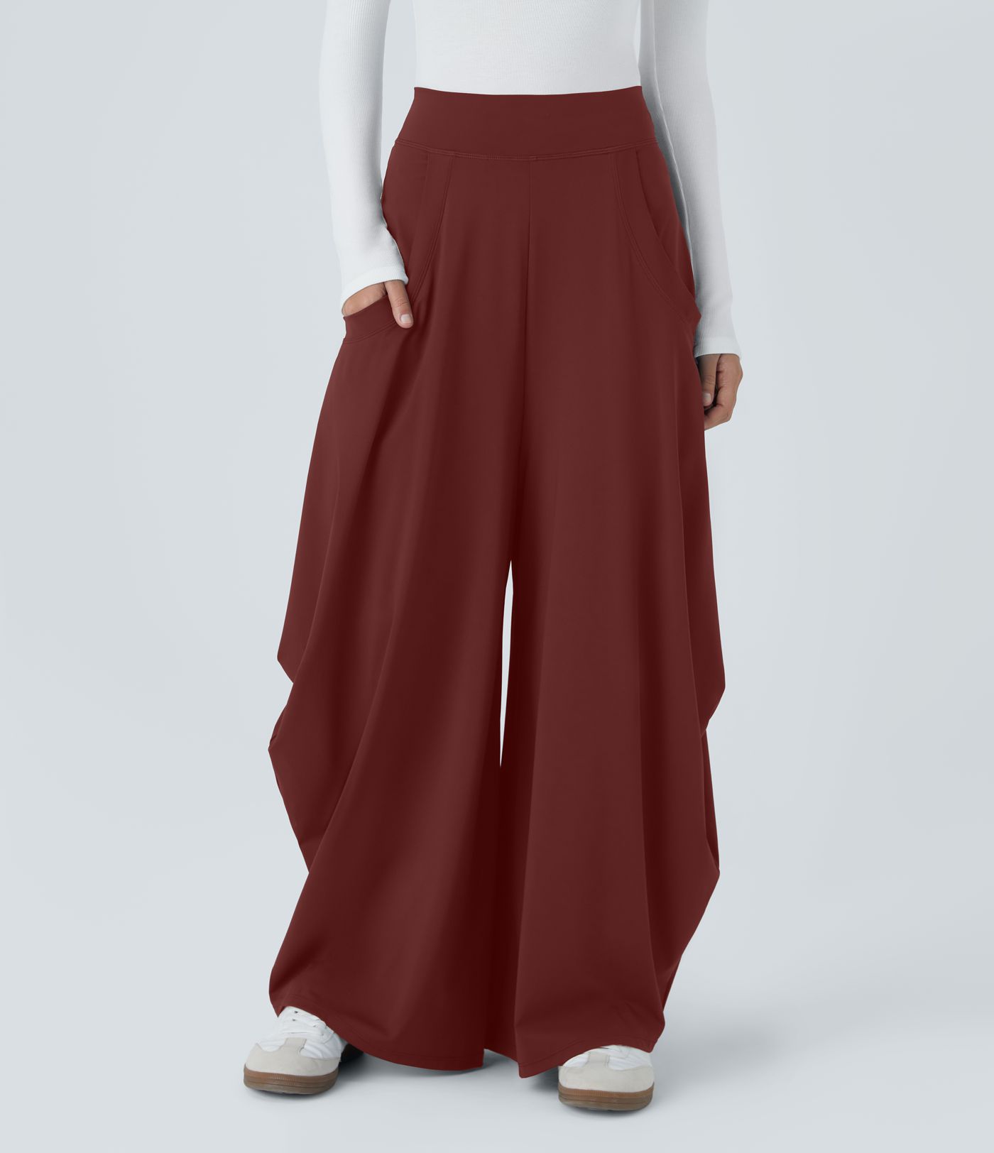 Mid Rise Pockets Draped Wide Leg Casual Pants