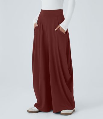 Mid Rise Pockets Draped Wide Leg Casual Pants