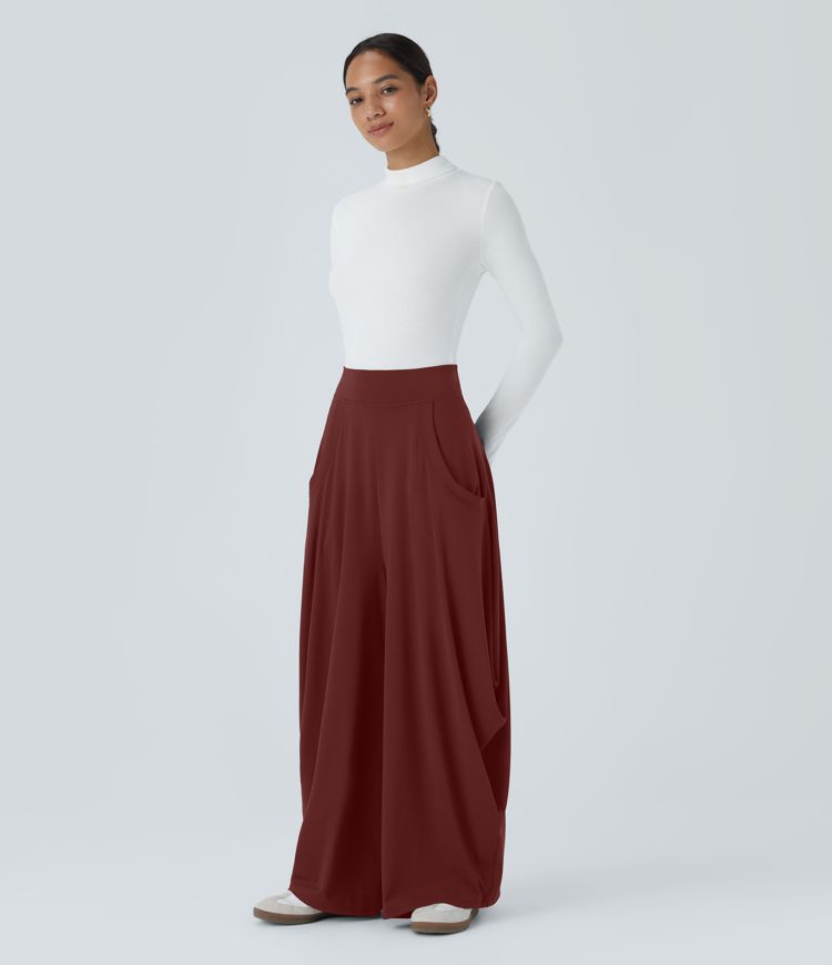 Mid Rise Pockets Draped Wide Leg Casual Pants