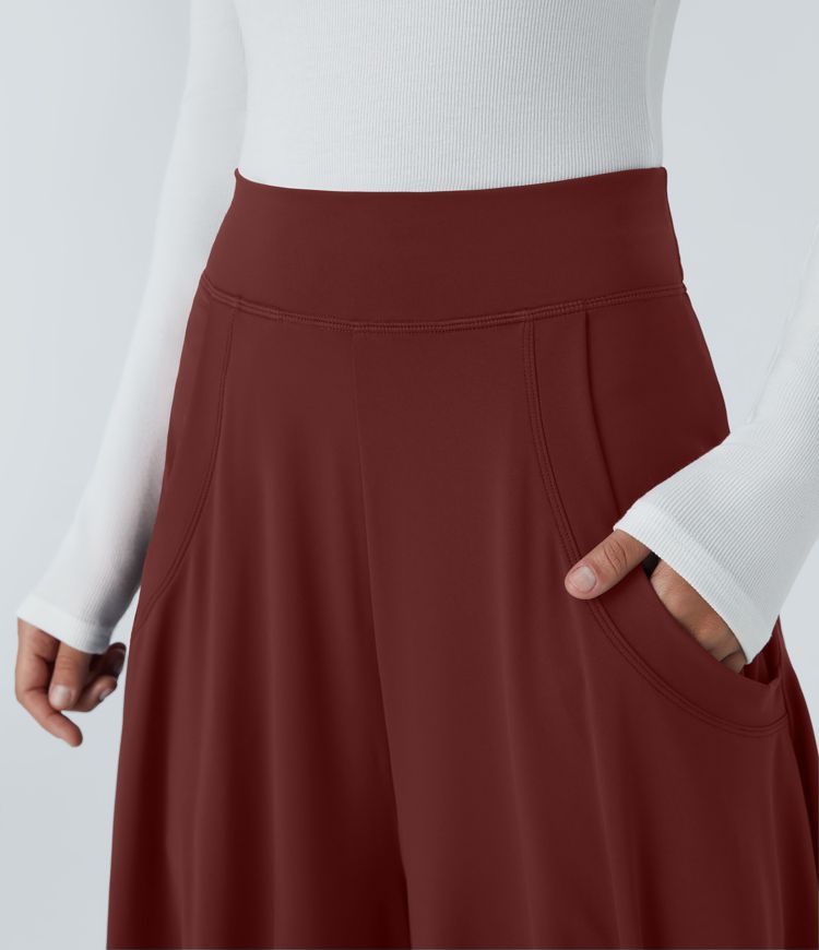 Mid Rise Pockets Draped Wide Leg Casual Pants