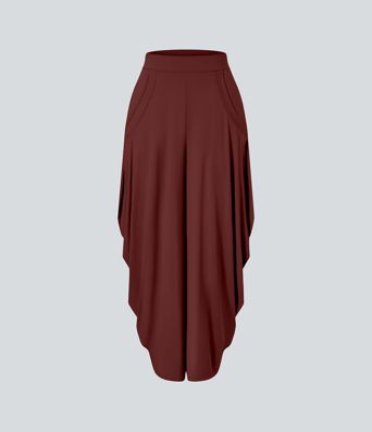 Mid Rise Pockets Draped Wide Leg Casual Pants