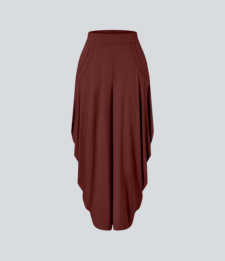 Mid Rise Pockets Draped Wide Leg Casual Pants