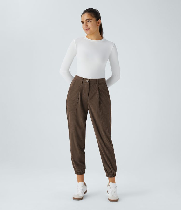 Pantalones de ciclismo de pana de tiro medio, de corte holgado, con bolsillos con cremallera