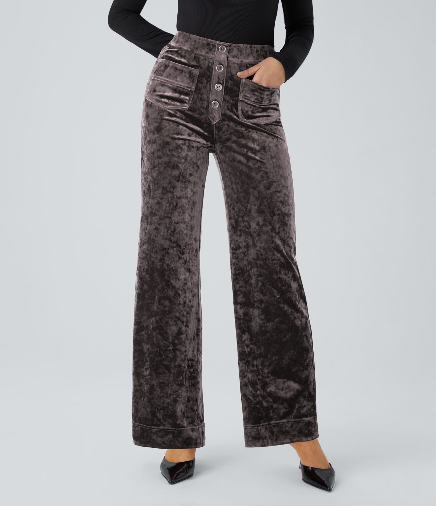 Pantalon en velours taille haute, coupe droite, avec poches et style décontracté