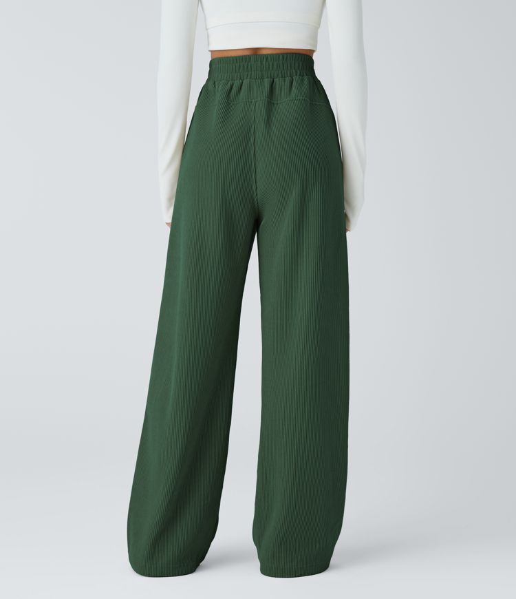 High Waisted Pocket Straight Leg Mop Corduroy Casual Trousers